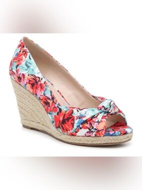 Kelly & Katie Floral Peep-Toe Espadrille Wedges - Coral & Aqua